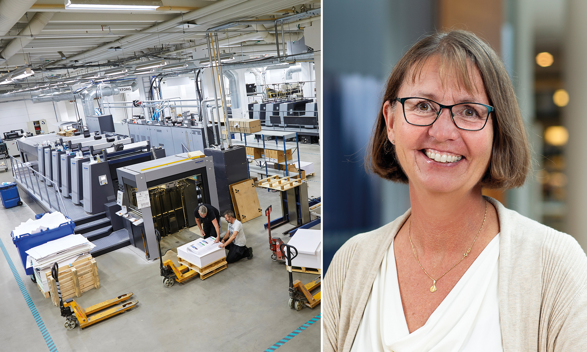 Bild från ett tryckeri och porträttbild på Åsa Samuelsson.