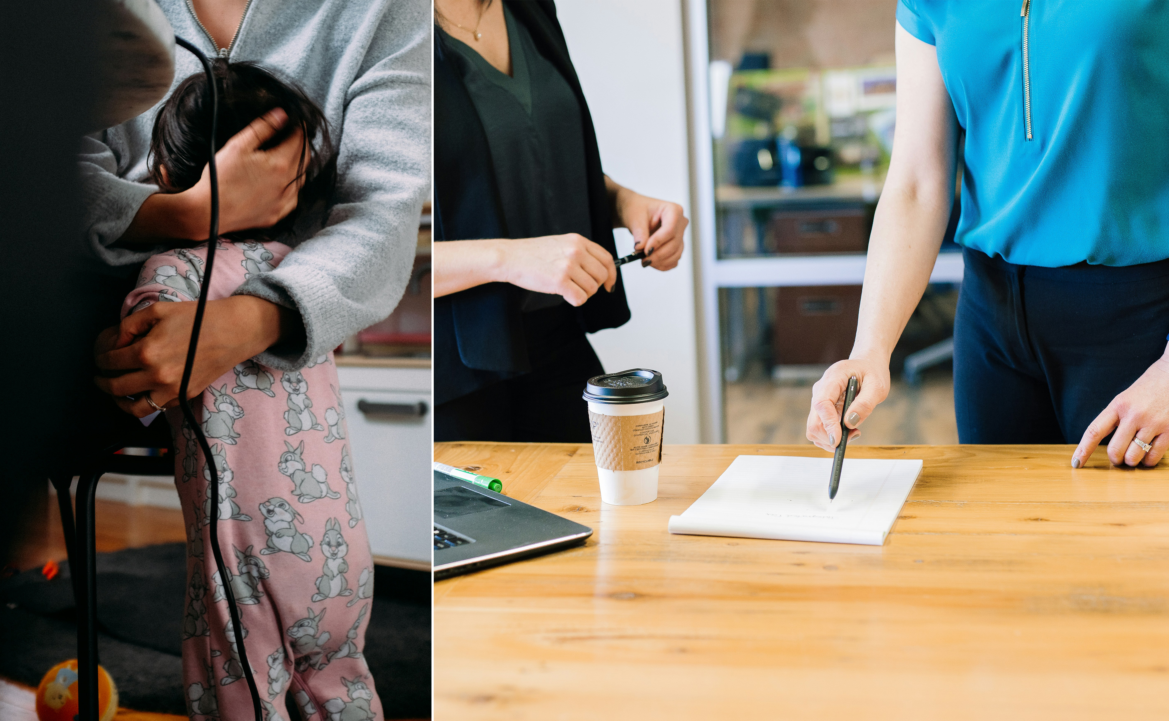 Kollage som föreställer två olika bilder. En bild på en mamma som håller i sitt barn, och den andra bild på två personer som står vid ett bord och pratar.