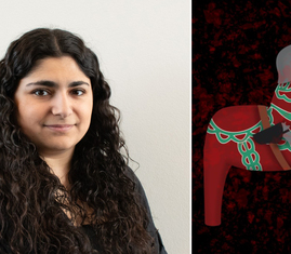 Bild på Linnea Chahoud (Mittuniversitetet) och hennes verk ”Dalahäst”.