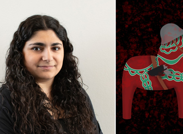 Bild på Linnea Chahoud (Mittuniversitetet) och hennes verk ”Dalahäst”.