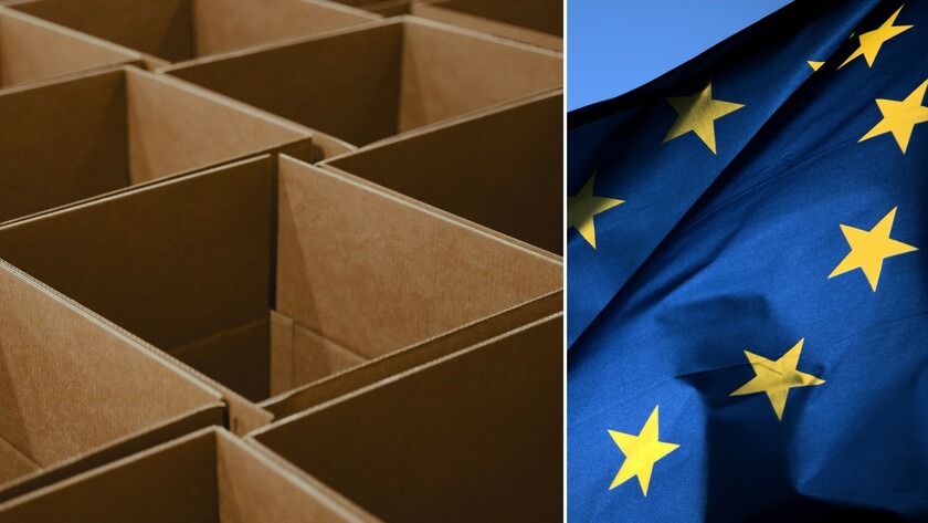 Kartonger och EU-flagga