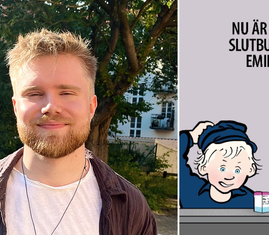 Bild på Olle Pettersson (Malmö universitet) och hans verk ”Eeeemil, din hyperaktiva onge!”.