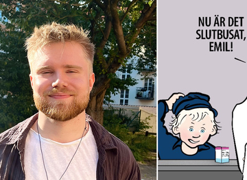 Bild på Olle Pettersson (Malmö universitet) och hans verk ”Eeeemil, din hyperaktiva onge!”.