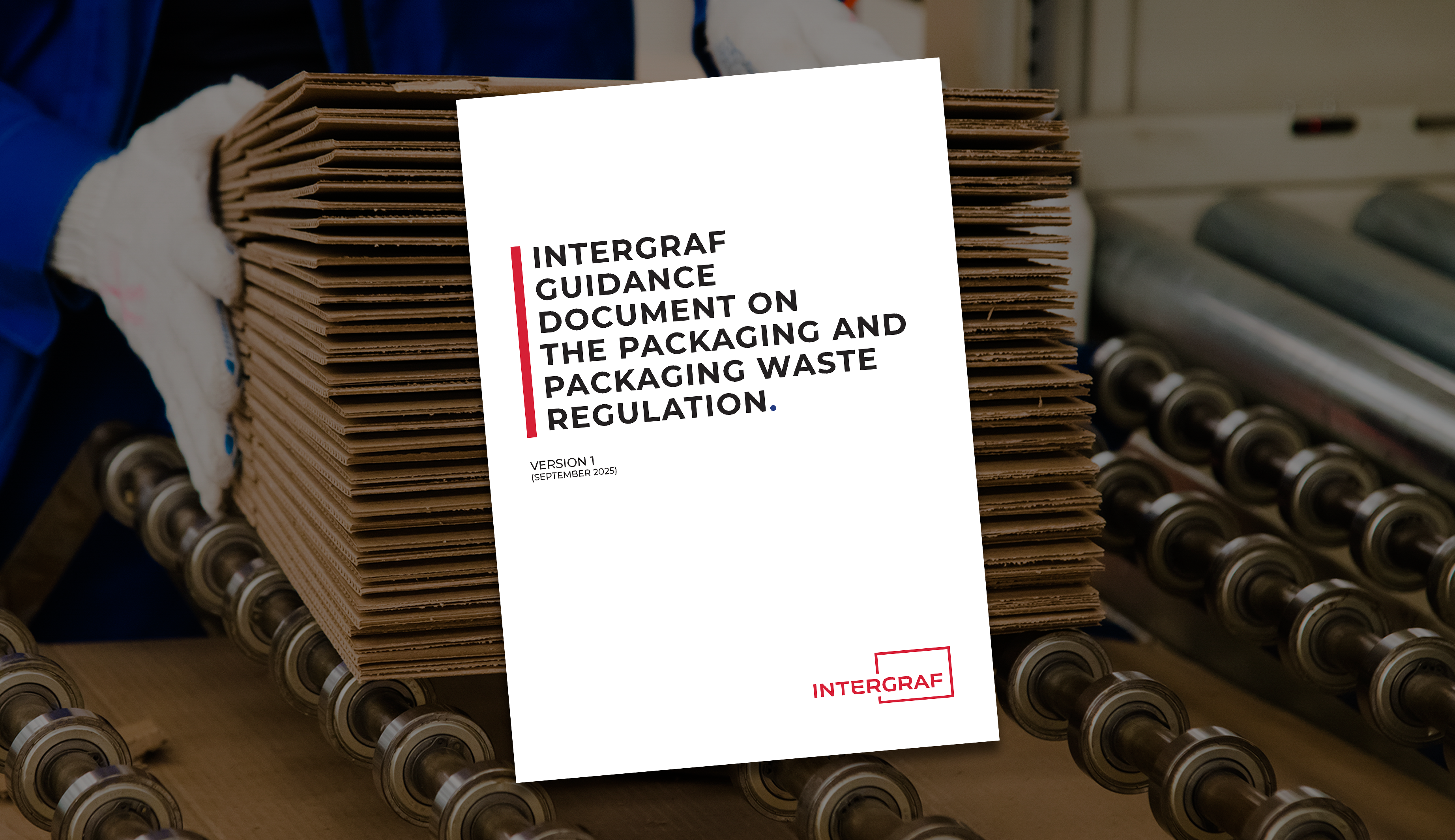 Bild på omslaget för guiden "Intergraf guidance document on The Packaging and Packaging Waste Regulation" på en genrebild på förpackningar.