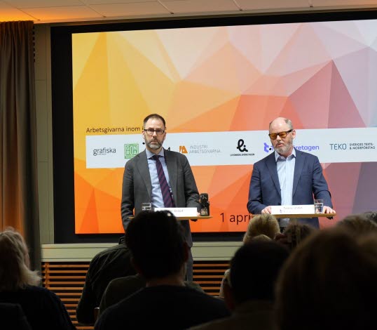 Arbetsgivarnas representanter på presskonferensen om nytt Industriavtal
