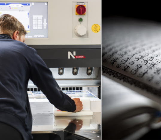 Bild på person som arbetar i tryckeri och bild på en öppen koran.