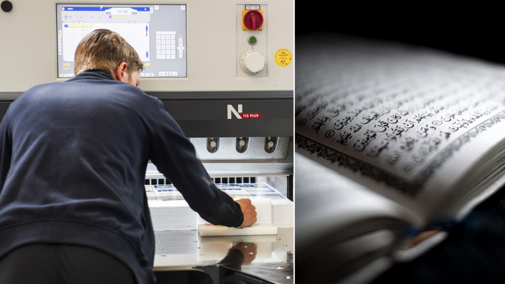 Bild på person som arbetar i tryckeri och bild på en öppen koran.