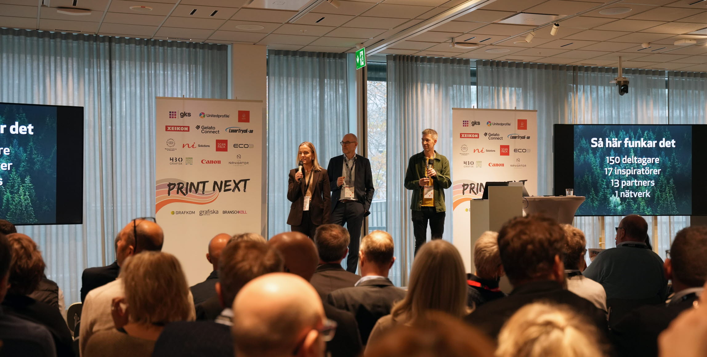 Bild på Eva Glückman, Grafiska Företagen, Magnus Thorkildsen, Grafkom, och Ola Karlsson, Branschkoll & Grafkom.