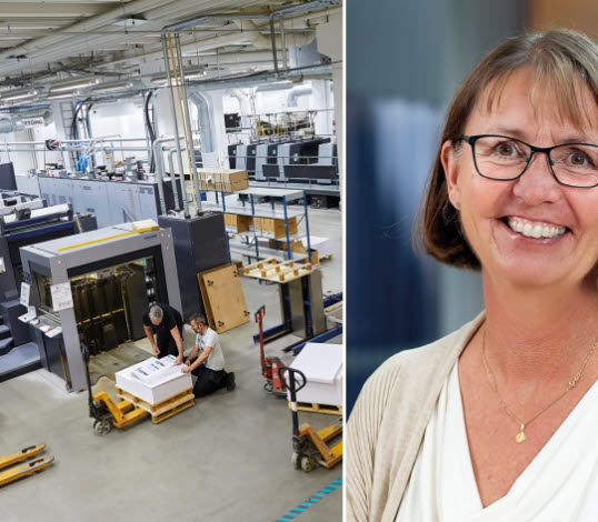 Bild från ett tryckeri och porträttbild på Åsa Samuelsson.